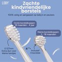 Twee opzetborstels voor kinderen van Loby, een dunne voor kleine tandjes en een grotere.