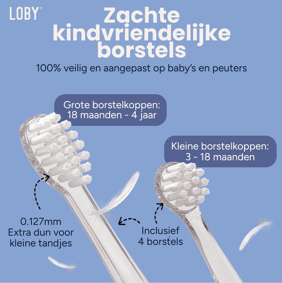 Twee opzetborstels voor kinderen van Loby, een dunne voor kleine tandjes en een grotere.