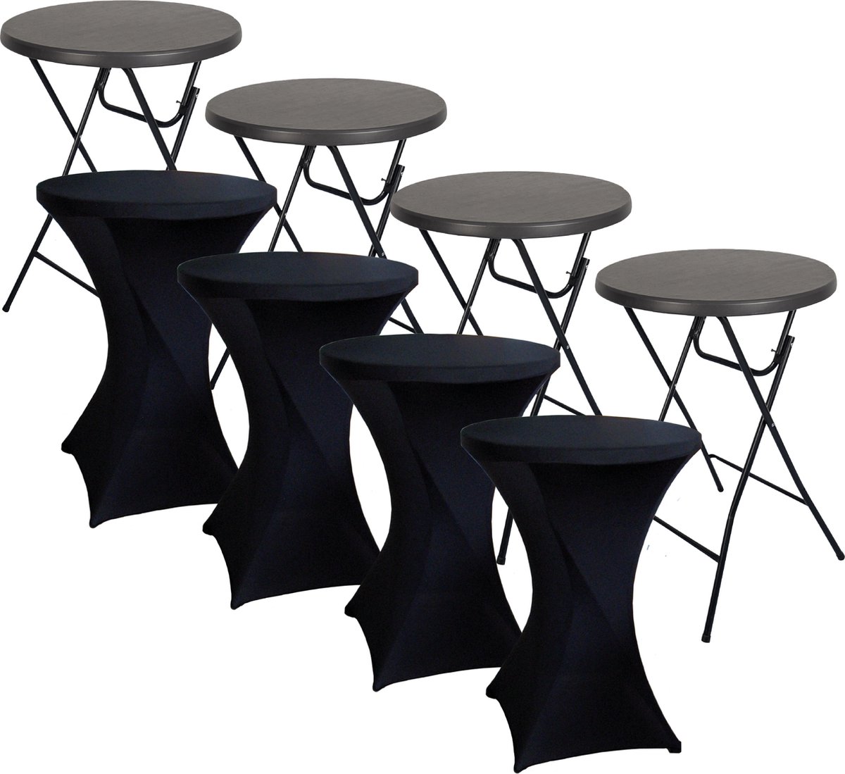 Brasq Statafel Zwart – Ø80 x 110 cm – Set van 4 – Staantafel – Partytafel – Bartafel – Inclusief 4x Zwarte Statafelrok – Voor Binnen en Buiten – Vouwtafel – Inklapbaar – Kunststof en Metaal 4 statafels Zwart + 4 Zwarte statafelrokken