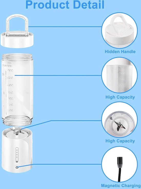 Draagbare USB Type-C Oplaadbare Persoonlijke Blender 450ml - Mini Juicer Mixer met 6 Bladen van Hotsch. — afbeelding 4