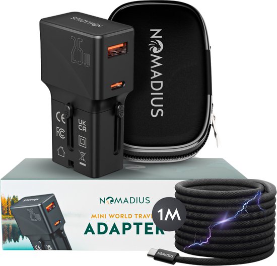 Nomadius Mini Wereldstekker Bundel - Mini Duo Short - Reisstekker + ProCharge 1M Oplaadkabel