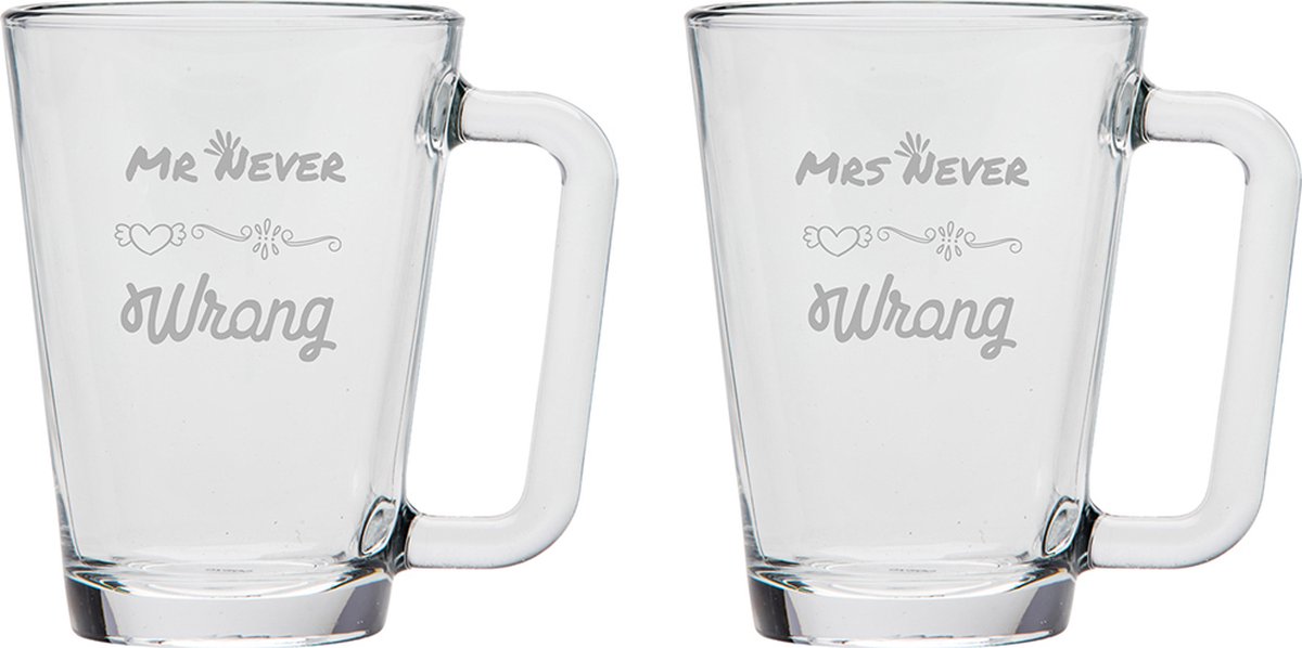 Gegraveerde set Theeglazen 26cl Mr. Never wrong - Mrs. Never wrong