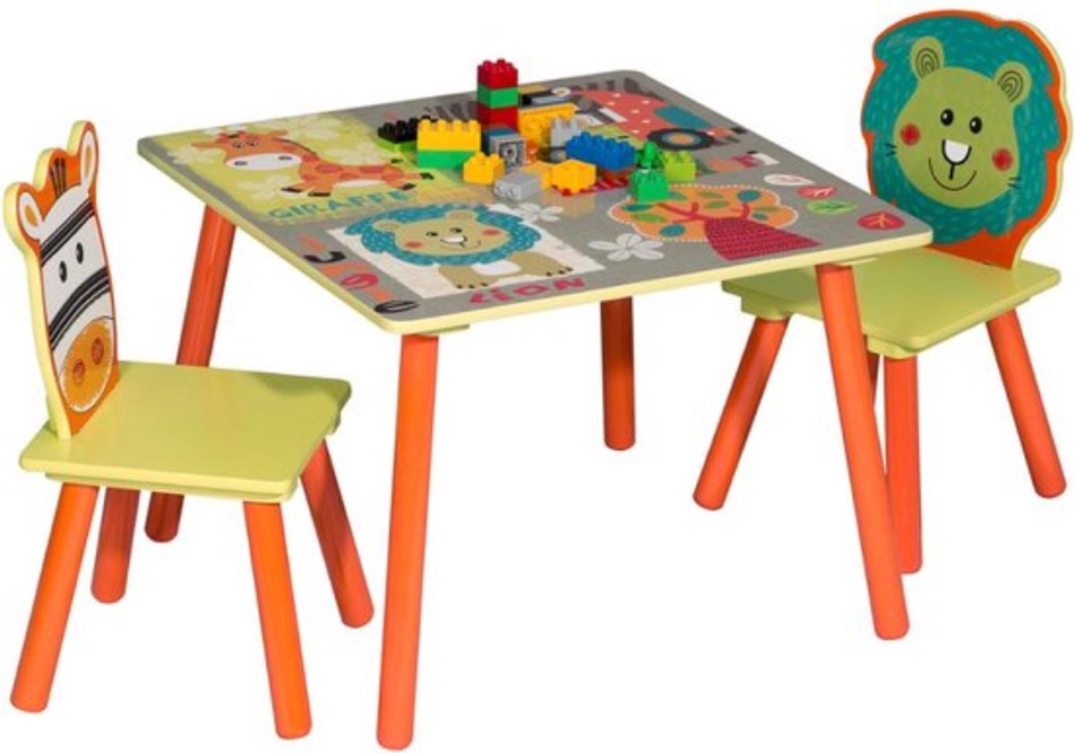 Kindertafel en 2 Stoeltjes Dieren - Kindermeubel, Tafel, Tafeltje - voor Peuter, Kleuter & Kinderen - Hout - Gekleurd / Dieren
