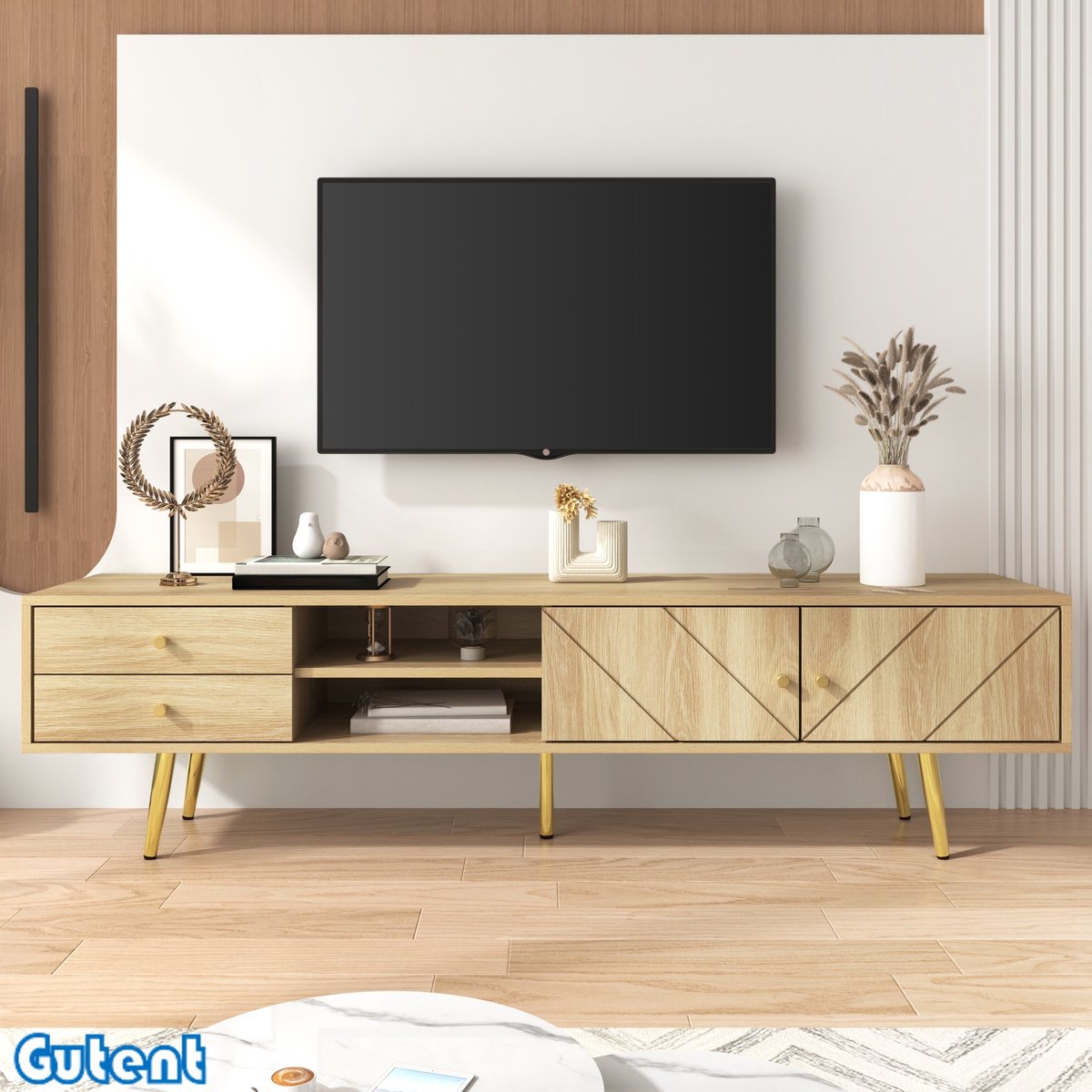 Gutent TV-meubel-160cm-met gouden poten-twee laden-Hout