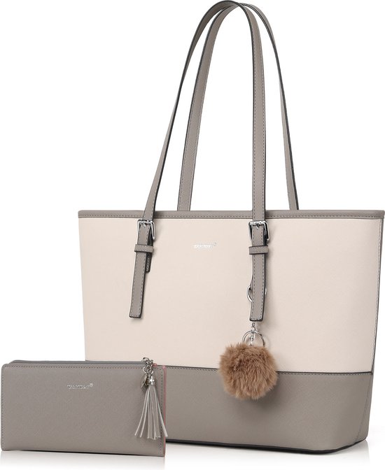 TAN.TOMI Sacs à main pour femmes, Sac Shopper pour femmes avec fermeture éclair - Sac à main avec Porte-monnaie- Sac d'école - Grijs-Beige