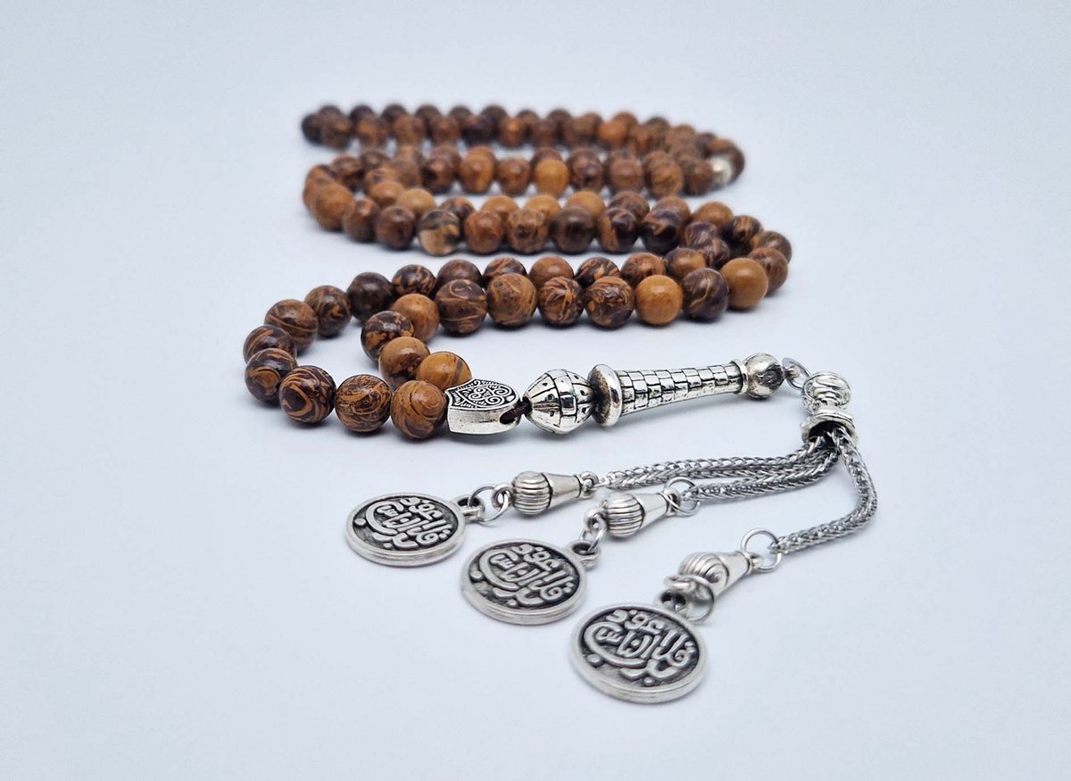 Handgemaakte tesbih "Tasbih" natuursteen "Jaspis van olifantenhuid" - Aantal kralen 99 - Diameter kralen 8MM - met metaal tassel "Qul aeuidh biallah" - Een mooi cadeau-idee