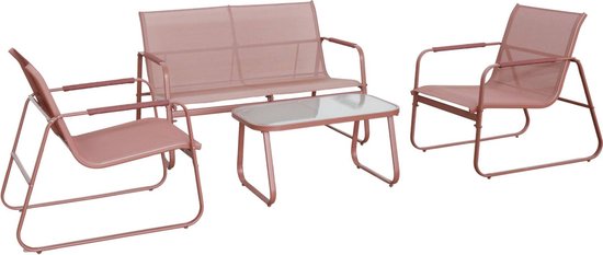 sweeek - Tuinset noto staal, 4 plaatsen, een bank, een tafel, twee textilene fauteuils
