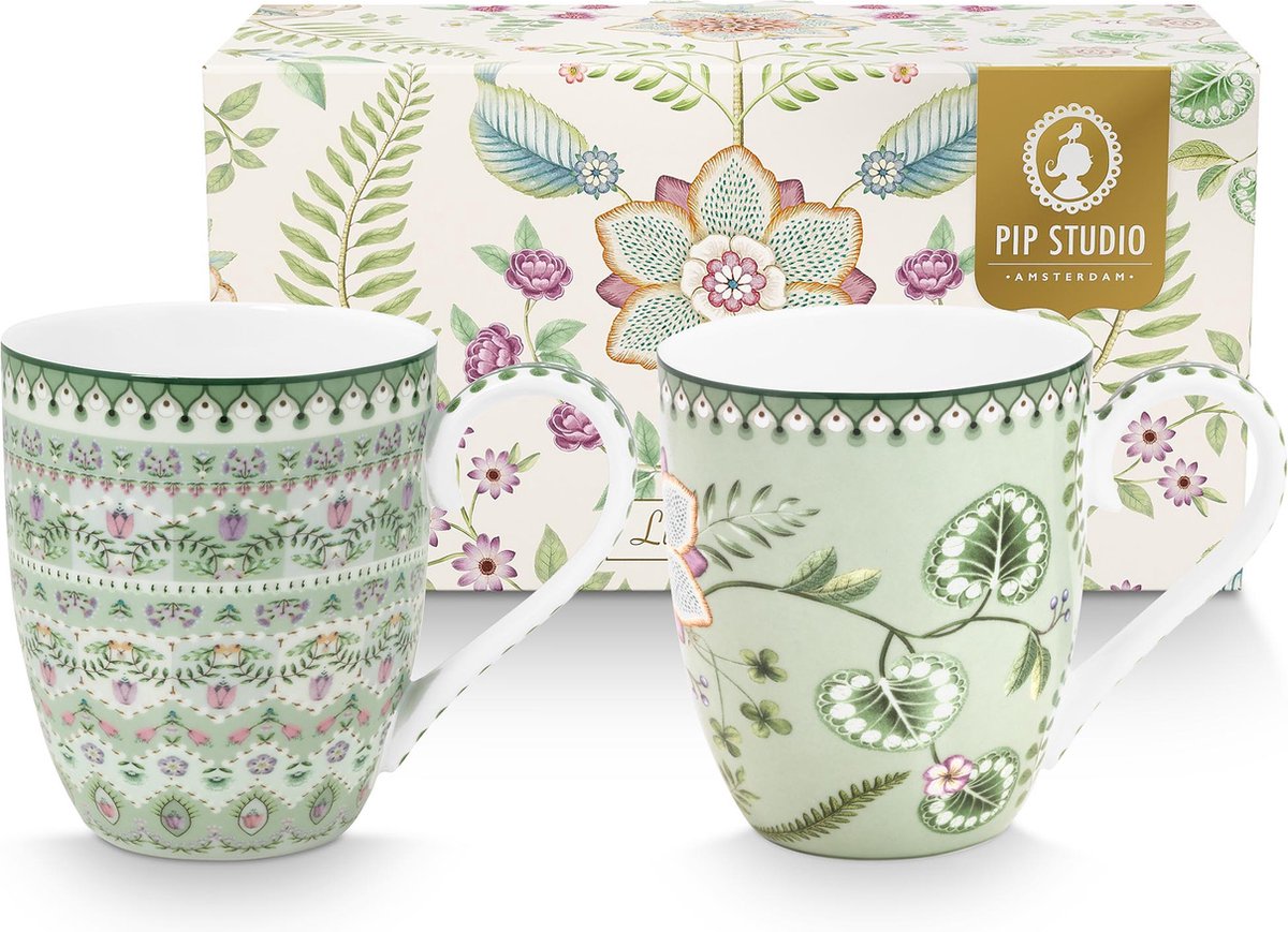 Pip Studio Lily & Lotus Light Green Set van Twee Mokken XL 450ml - Porselein
