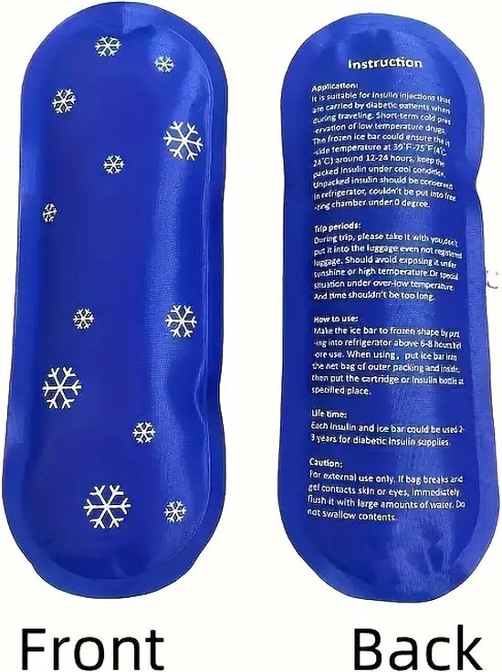 Voorkant en achterkant van een blauw icepack met witte sneeuwvlokken en instructies.