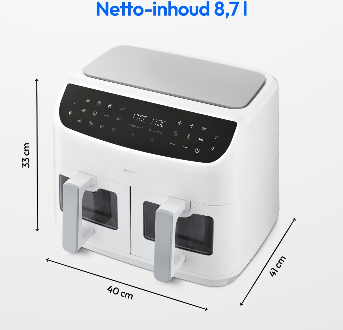 Afbeelding 3 van MEDION P20 XXL Dubbele Airfryer (8,7 liter, 2.600 watt, heteluchtfriteuse met 2 kamers, kijkvenster, 9 automatische programma's, 2 lades, Dual Airfryer, Dual Cook & Sync finish functie) wit