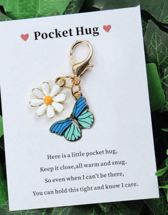 Papillon - Avec Fleur - Porte-clés - Pendentif Chanceux - Pendentif - Porte-clés - Blauw - Avec Carte Avec Texte