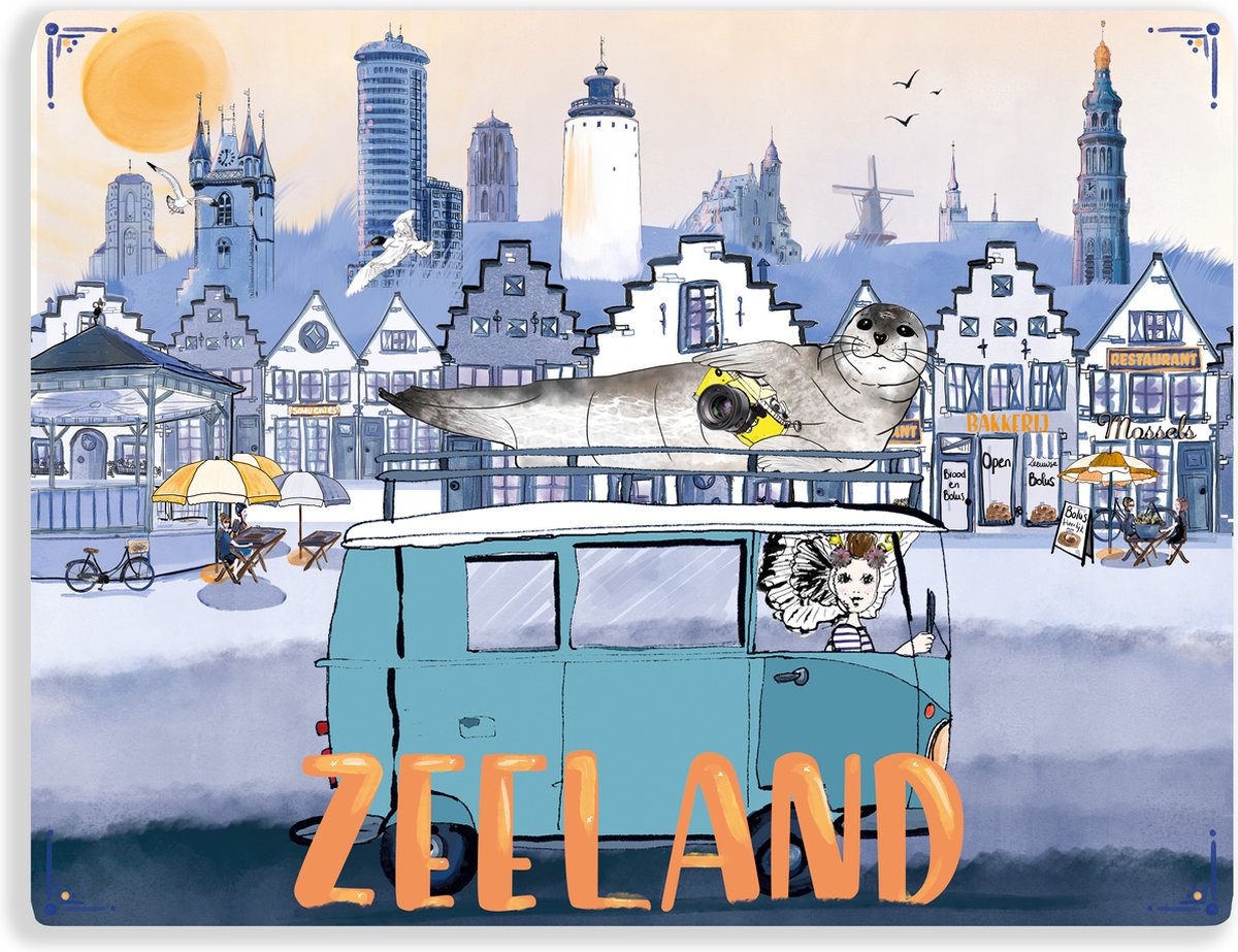 2x Placemat Zeeland – Delftsblauw – Zeeuws meisje & iconische gebouwen – Souvenir – 32 x 42 cm