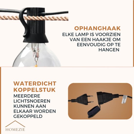 Close-up van een Homezie lamp met een ophanghaakje. Onder een waterdicht koppelstuk dat meerdere lichtsnoeren kan verbinden.