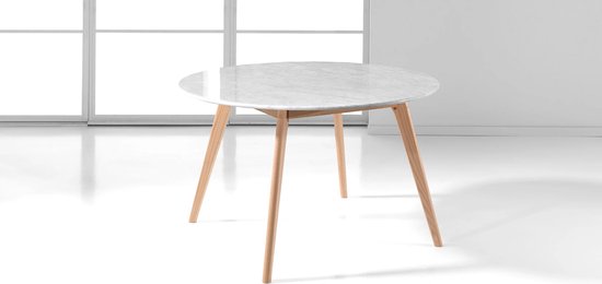 Table de cuisine ronde - Marbre - Diamètre 125cm - Salle à manger - Table pour 4 personnes - Pieds en Chêne