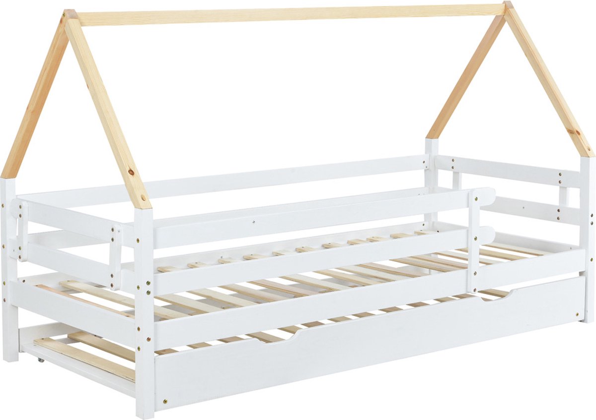 GOTAGEE Kinderbed huisbed dagbed eenpersoonsbed uitschuifbaar laag bed met uitschuif bed Bed zonder matras bed inclusief uitvalhekje 200x90 cm wit