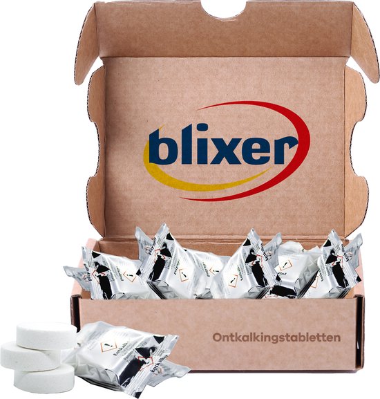 Boîte en carton ouverte avec le logo blixer. À l'intérieur, des emballages de pastilles détartrantes et quelques pastilles détachées à côté.