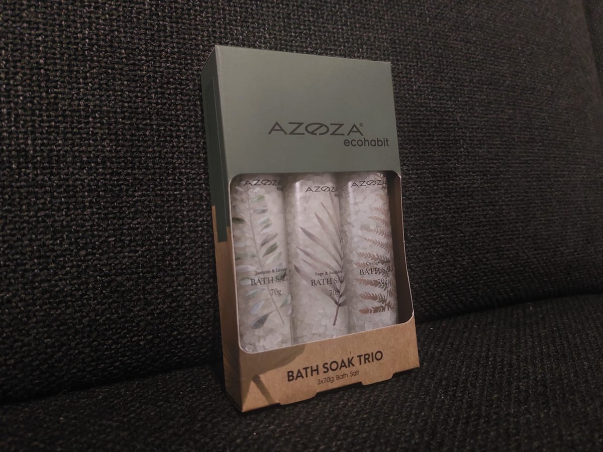 Azoza Ecohabit Badzout Cadeauset - 3-delige Badmiddel Geschenkset in Reageerbuisje | 3x 70 gr - Trio Badgeschenkset