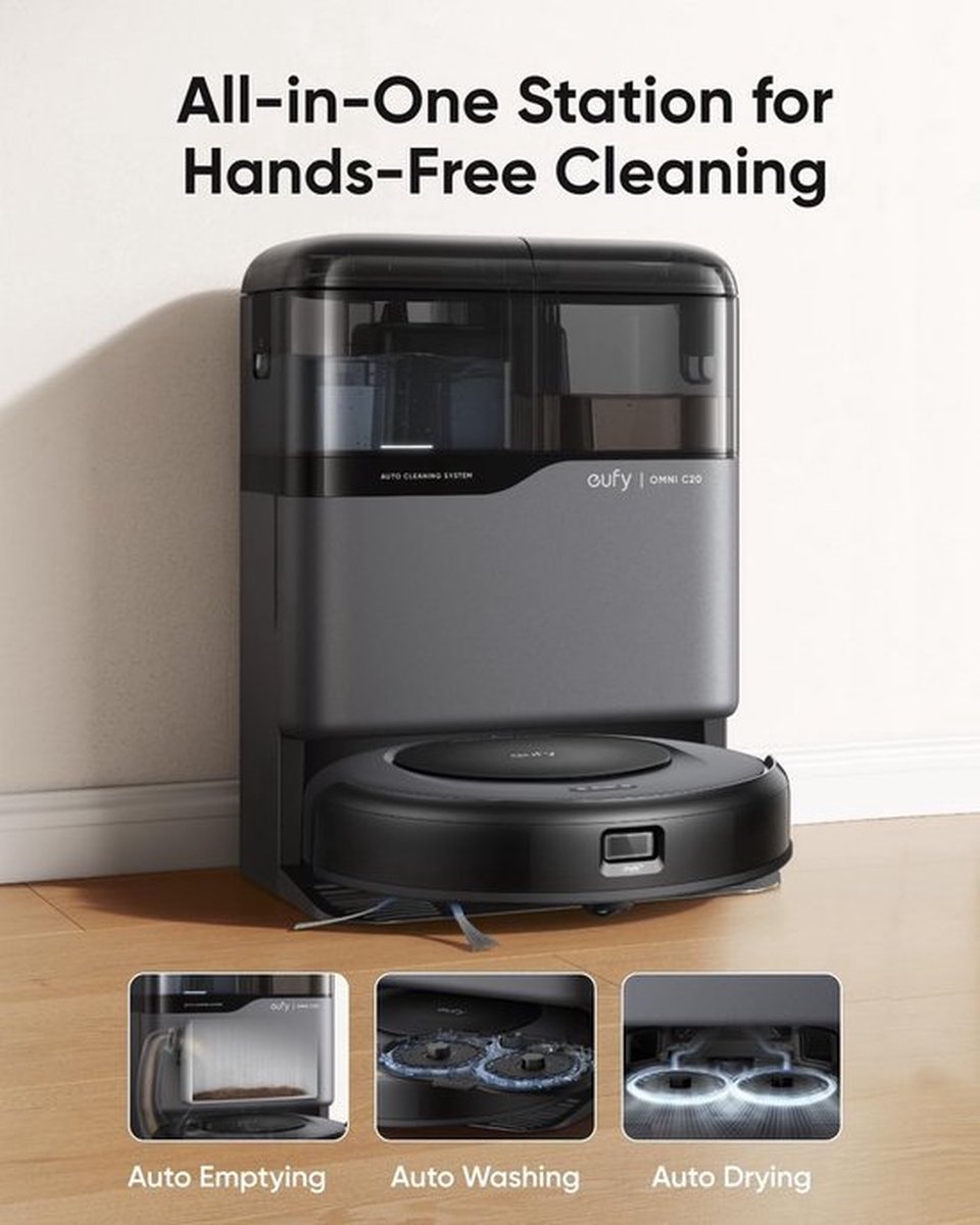 Afbeelding 2 van eufy Clean Omni C20 Robotstofzuiger met reinigingsstation en Vervangingssets - Robot Vacuum - 7.000 Pa Zuigkracht, Ronddraaiende Dweilpads, Met Objectdetectie, 8,5 cm Ultraplat Design, Zwart