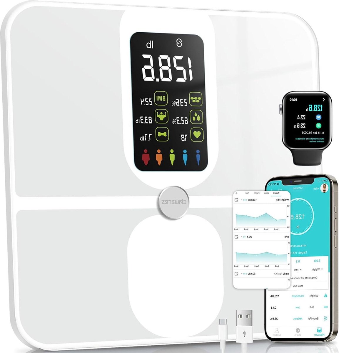 Smart weegschaal met VA-scherm USB oplaadbaar voor lichaamsgewicht- en compositieanalyse - Wit