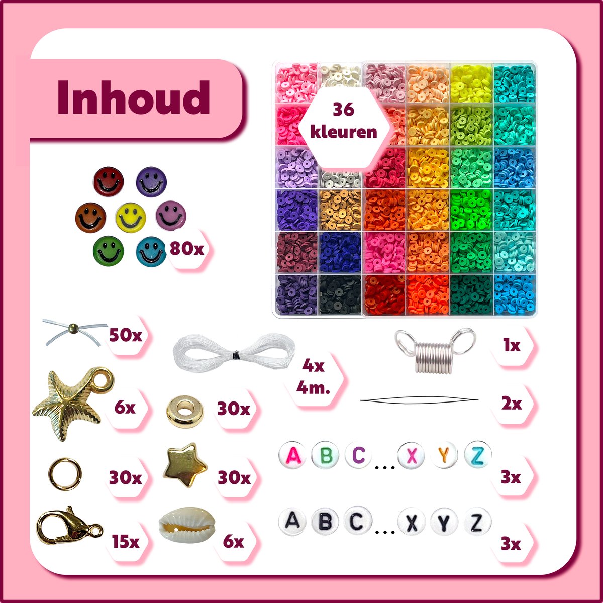 Kralenset incl. E-Book - Luxe Polymeer Kralen Set - 36 kleuren - Katsuki Kralen - Incl. Rijgnaalden en Draad - Smiley Kralen - Bedels - Letterkralen - DIY Sieraden Maken - Armbandjes Maken - Kralendoos - Platte Kralen — afbeelding 2