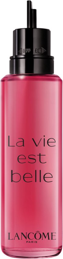 Flacon de parfum Lancôme La Vie est Belle Elixir, liquide rose, bouchon noir avec applicateur.