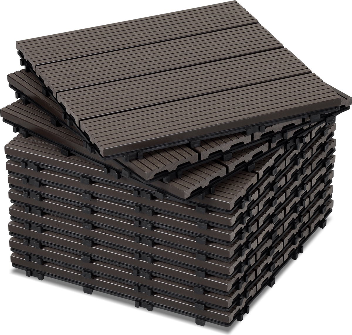 Terrastegels - 44 Stuks - 4 m² - WPC Composiet Kunststof - 30x30cm - 4 strepen - Donkerbruin - Makkelijke en Snelle Montage - Balkontegels - Vlondertegel Set - Onderhoudsvrij - Tuin, Balkontegels - Terrasplanken
