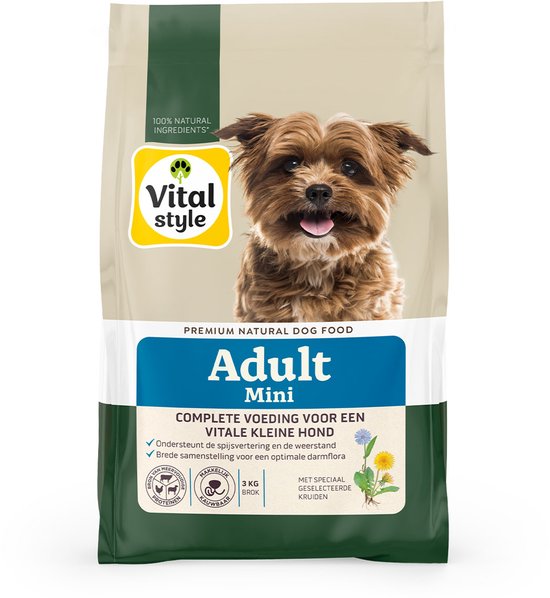 VITALstyle Hond Adult Mini- Kleine Hondenbrokken - Alles Voor Een Vitale Hond - Met o.a. Paardenbloemwortel & Citroenmelisse - 3 kg