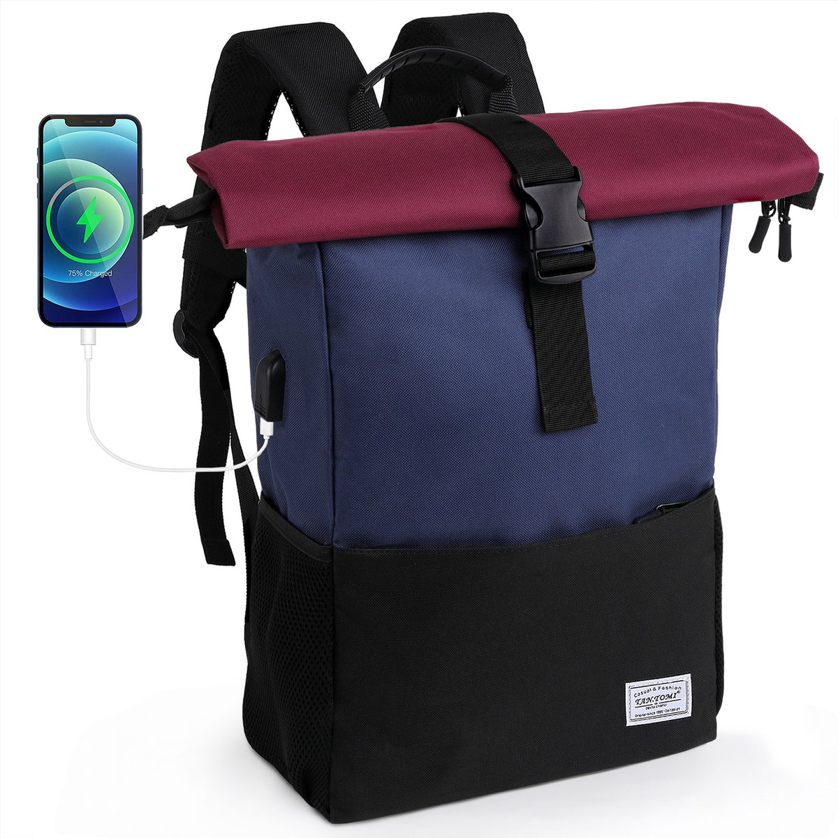 FASSIONA Rugzak - Rolltop Rugzak – Waterdicht, 25-40L, Laptopvak 15,6 inch, Externe USB-Poort, Ideaal voor Werk, Reizen & Outdoor - Blauw/Roos