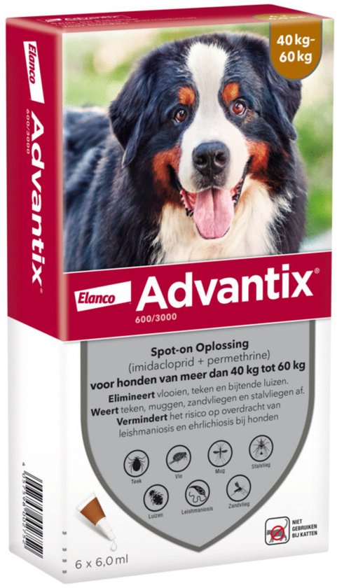 Advantix spot-on oplossing voor honden van 40-60 kg. Op de doos staat een Bernese Sennen hond. Vermeldt "NIET GEBRUIKEN BIJ KATTEN".