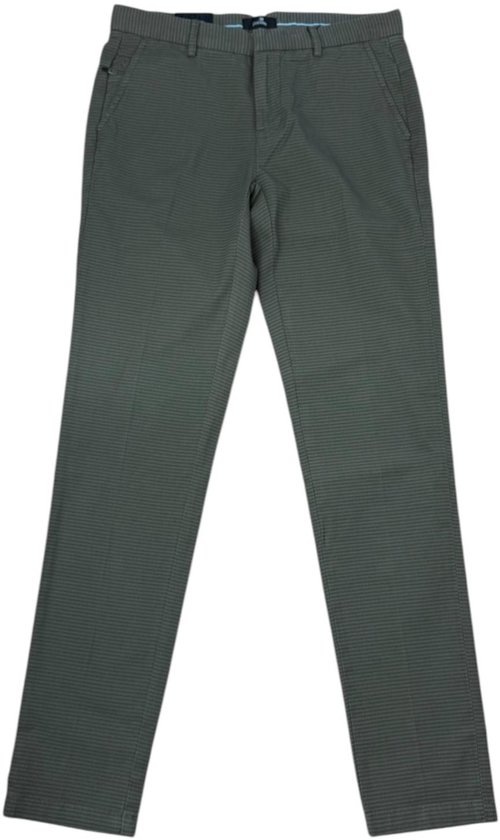 Groene PME Legend chino broek met fijne, donkere streepjes en een V12 logo label in de tailleband.