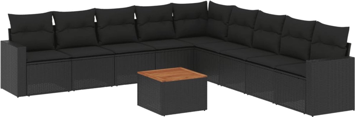 The Living Store 10-delige Loungeset met kussens poly rattan zwart - Loungeset - Tuinlounge - Lounge Set - Buitendiner - Outdoor Furniture