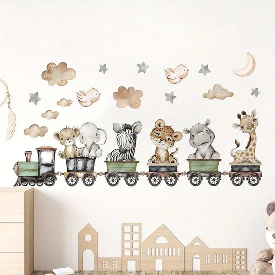Muursticker 'Dieren in Trein' - Babykamer - Kinderkamer - 90x55cm - Zelfklevend PVC - Tijger - Leeuw - Zebra - Olifant - Giraffe