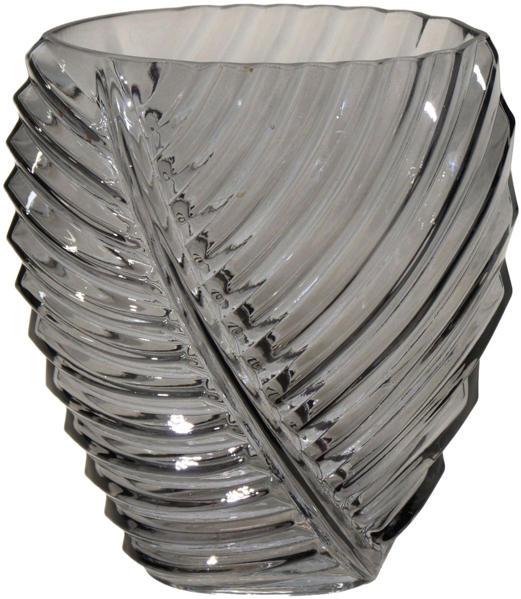 Mega Collections Bloemenvaas Leafy - grijs - glas - blader relief - 11 x 21 cm
