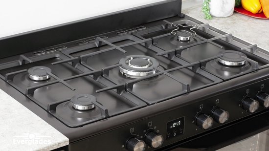Everglades EVCK9020 - Gasfornuis - Mat Zwart - 90CM - 9 Ovenstanden - Gietijzeren Pannendragers - Wokbrander - Digitale Timer - 5 Jaar Garantie