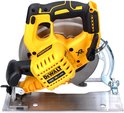 Gele en zwarte DeWalt cirkelzaag met 184mm zaagblad. Zilverkleurige metalen voetplaat.