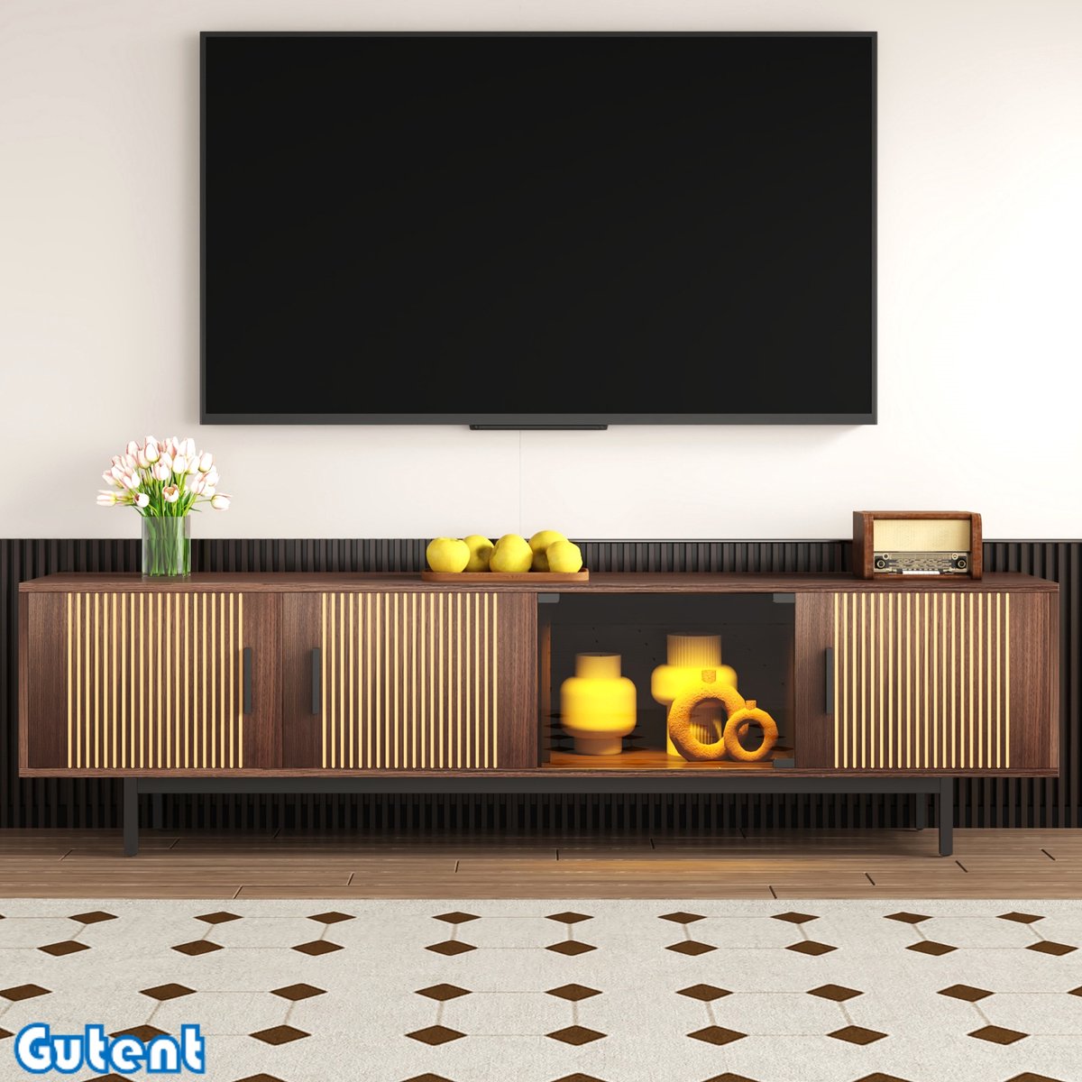 Gutent TV-kast - Met gebeeldhouwde textuur - Met LED-strip verlichting - Deur van gehard glas - Bruin zwart en hout