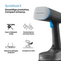 Zwarte Braun QuickStyle 5 kledingstomer met blauwe knop en stoomkop.