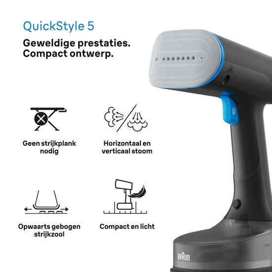 Zwarte Braun QuickStyle 5 kledingstomer met blauwe knop en stoomkop.