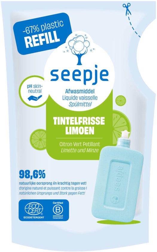 Een blauw Seepje navulverpakking voor afwasmiddel met de geur "Tintelfrisse Limoen", met groene citroenen en een lichtblauwe fles.