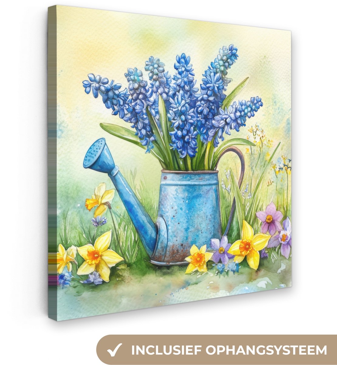 Canvas schilderij 20x20 cm - Exclusieve wanddecoratie Gieter - Lavendel - Bloesems - Muurd