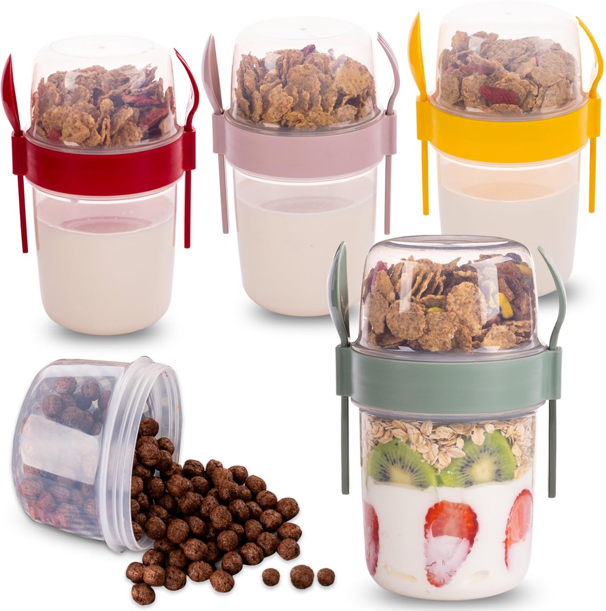 My Ninki ® Ontbijtbeker Set van 4 met Deksel en Lepel - Ideaal voor Onderweg Ontbijt en Snacks