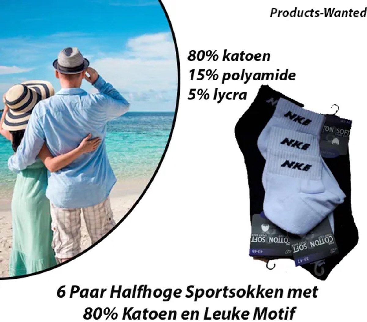 6 Paar Halfhoge Sportsokken met 80% Katoen en Leuke Motif 43-46 Zwart