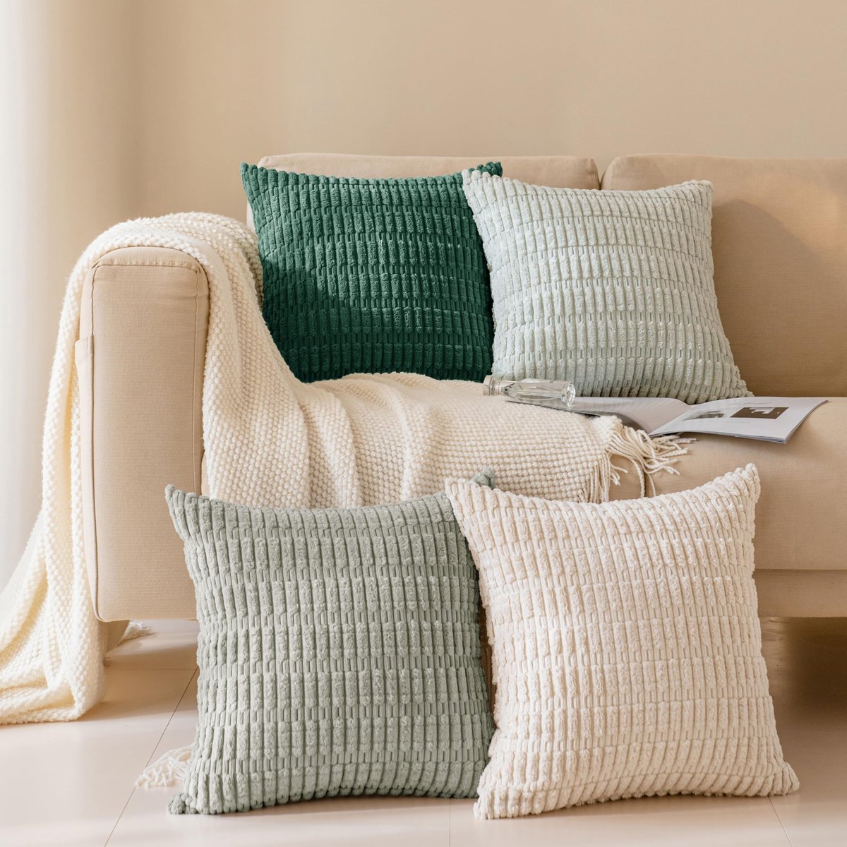 My Ninki ® Stijlvolle Luxe Corduroy Kussenslopen Set voor Binnen en Buiten, 40 x 40 cm, Moderne Boho Decoratie