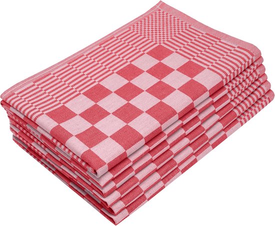 Stapel van zes rood-wit geblokte keukendoeken.