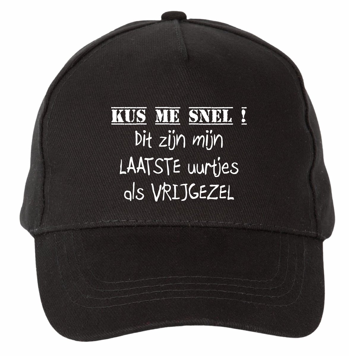 Mijncadeautje - 5 panel - Cap - Verstelbaar - Pet van 100% dik geborsteld katoen- unisex - opdruk wit - Kus me snel nu nog vrijgezel - zwart