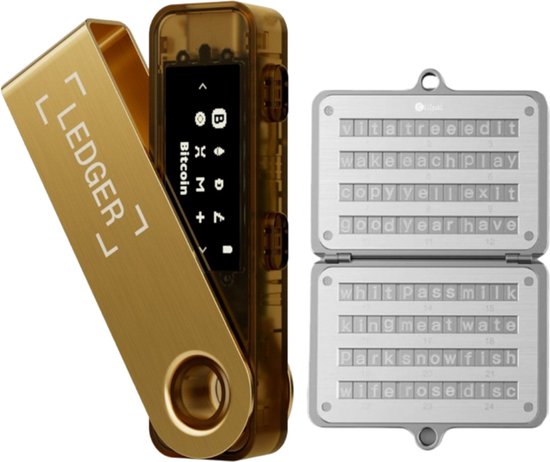 Ledger Nano S Plus Gold + Ellipal Seed Phrase Steel - Hardware Walllet Bundel - Bluetooth - Seed Phrase opslag - Offline bescherming voor Crypto