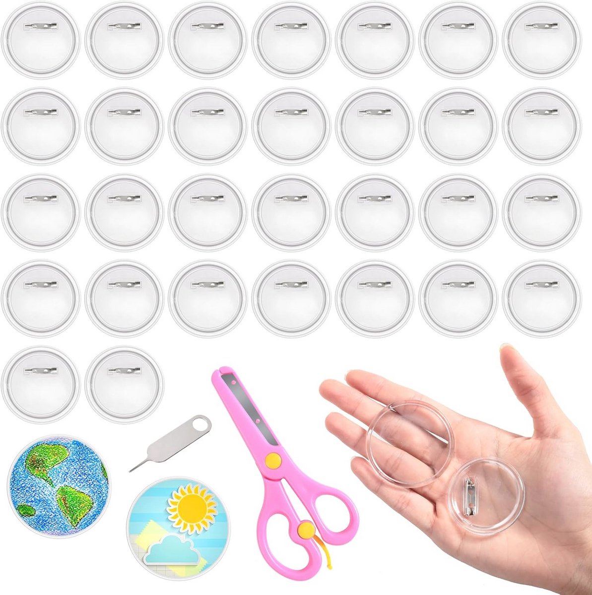 30 DIY buttons 44 mm - Zelf maken, transparante speldenset voor creatieve projecten