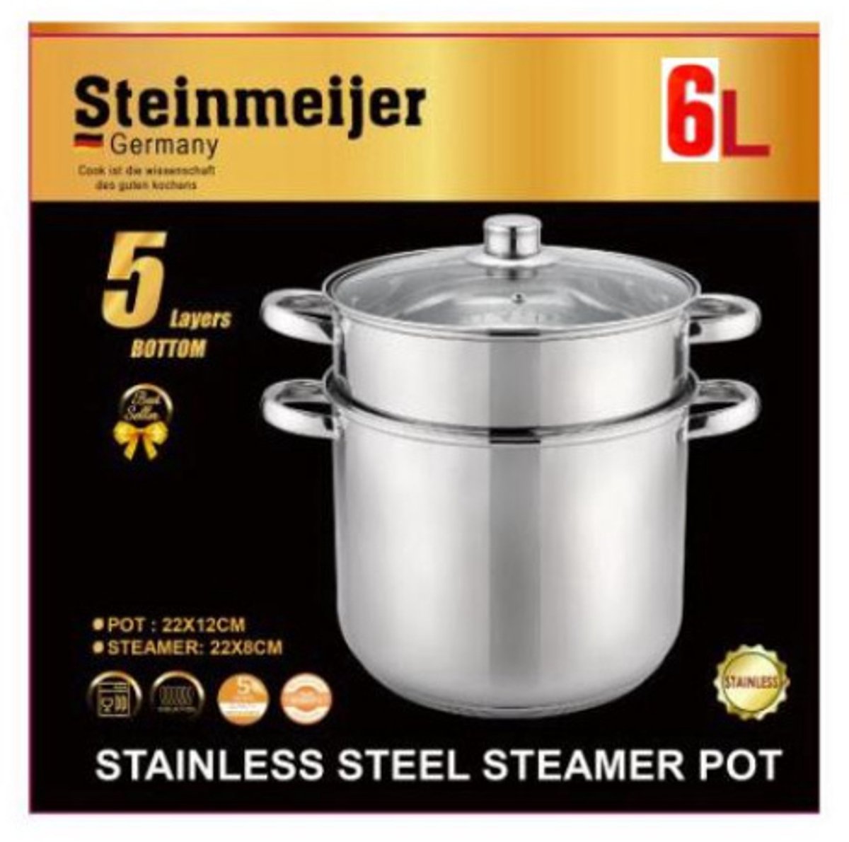 Steinmeijer Stoompannenset -6L RVS Ø 24 cm - 3-delig - Voorzien Van 6-Laags Bodem