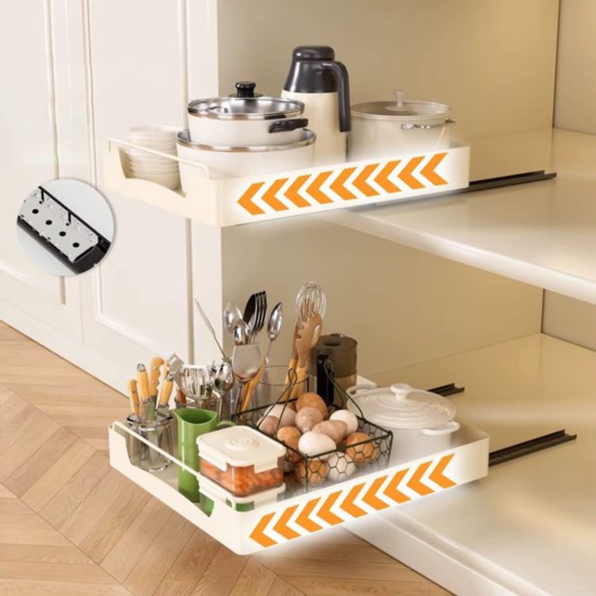 TammaT - Lade organizer - Telescopische lade - Mand - Keukenkastorganizer met handgreep - Uittrekbare laden - Opbergplanken voor keukenkasten - Uitschuifbare kastorganisator - Keuken organizer - 25x43x7cm