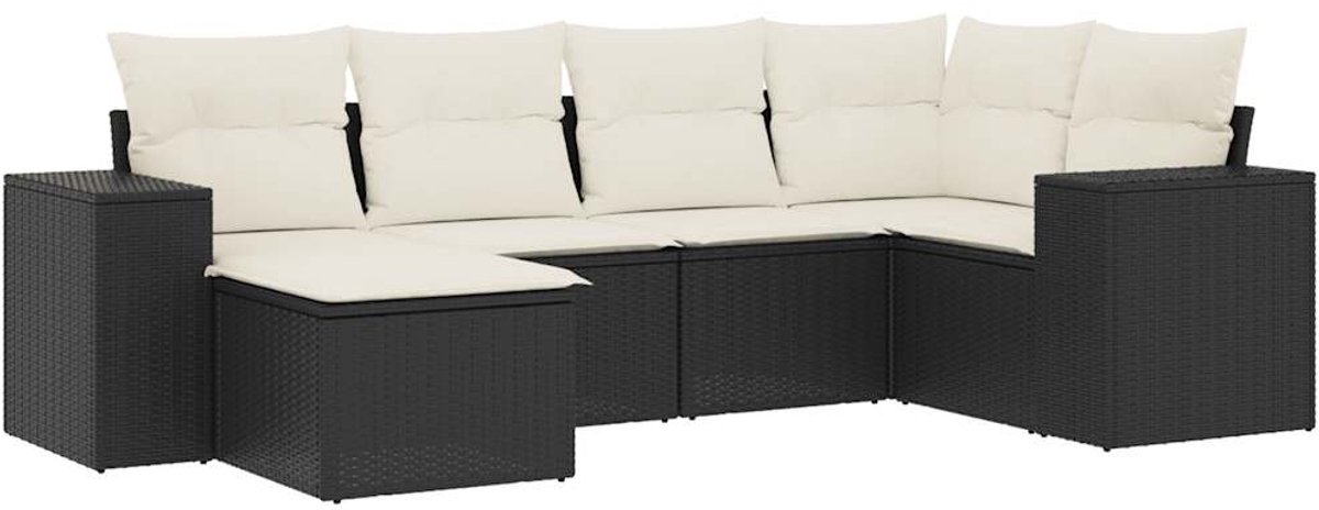 Zwarte poly rattan loungeset met kussens voor buiten - The Living Store.